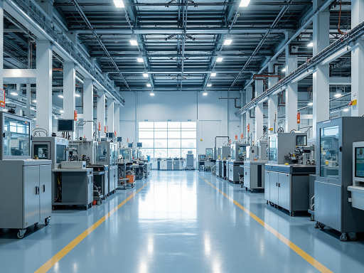 现代化生产车间内部,整齐排列的生产设备,工人正在操作机器,整洁明亮的工作环境